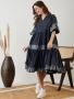 Women Polka Dot V Neck Mini Denim Dress - The Kaftan Company