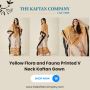 Yellow Flora and Fauna Printed V Neck Kaftan Gown 