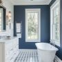 Stylish Modern Bathroom with Navy Herringbone Tiles