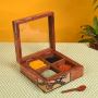 Wooden 4 Slot Tribal Art Spice Box/Masala Dabba with Spoon