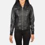 Roslyn Black Hooded Genuine Leather Bomber Jacket