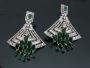Elegant Broad Base Long Earrings in Green and Silver
